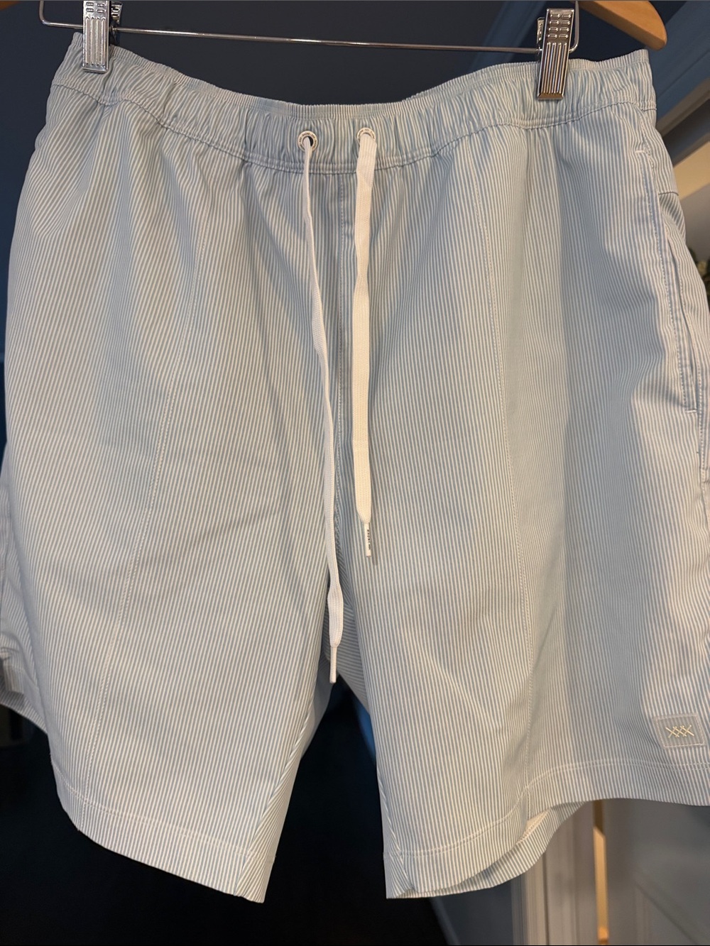 Rhone Men's Light Blue Seersucker Striped Swim Trunks With Built In Liner